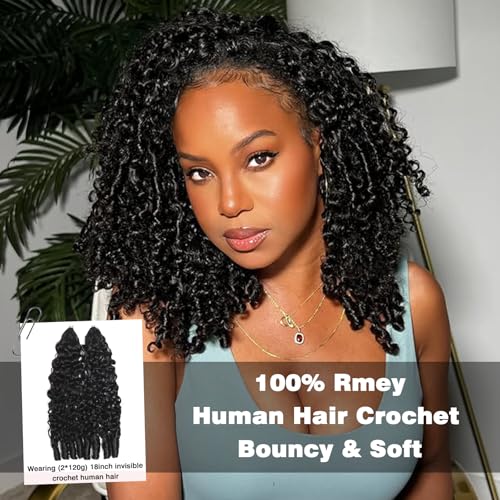 Beauty Queen Burmese Curly Crochet Human Hair 20 Inch 120g Knotless Pre-Separated Feather Human Hair Crochet Bundles 3C4A Lightweight Reusable Remy Hair Extensions for Women Natural Black Color
