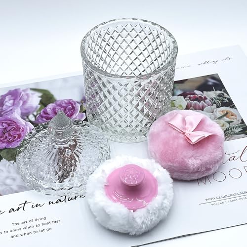 Luxury 4.2 Inch Glass Powder Container with 2 Plush Puffs - Pink Handle & Bow