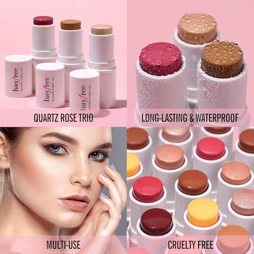 KIMUSE Quartz Rose Face Stick Trio - Blush, Highlighter & Contour for All Skin Tones (0.75 oz)