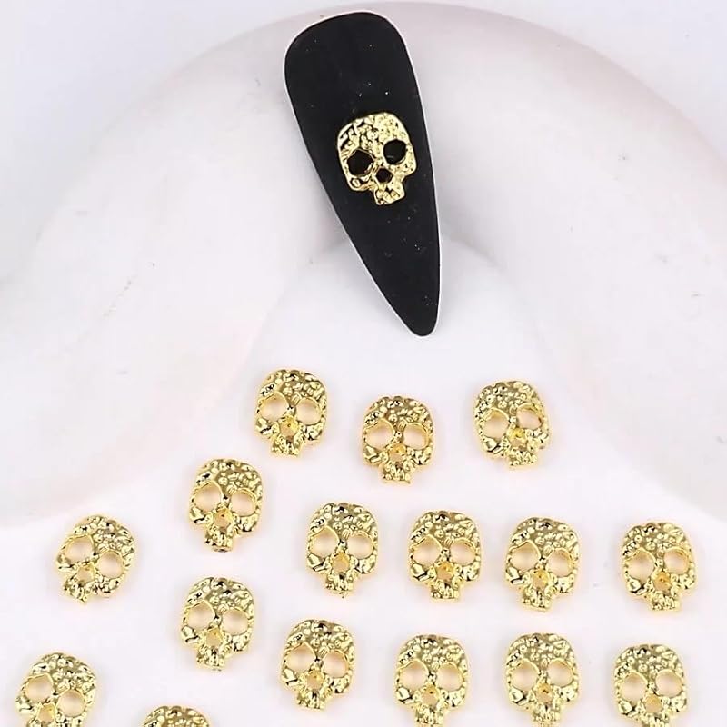 Gold Skull Halloween Nail Charms - 20pcs 3D Skeleton Head Gems for Acrylic Nails (JUNCHAO)