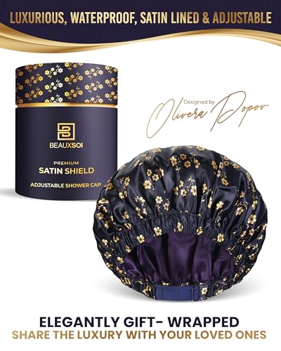 Satin-Lined Luxury Shower Cap for Women - Fleur de Nuit Design, Adjustable & Waterproof