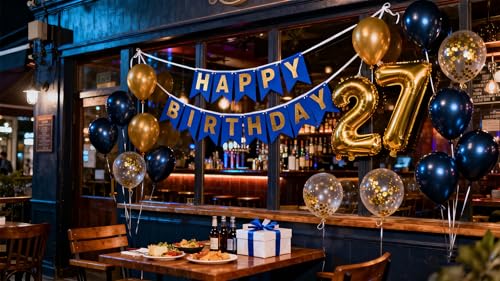Navy Blue 27th Birthday Party Decorations with Balloons & Banner