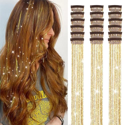 ShowJarlly Gold Hair Tinsel Kit - 18 Pcs Clip-In Extensions
