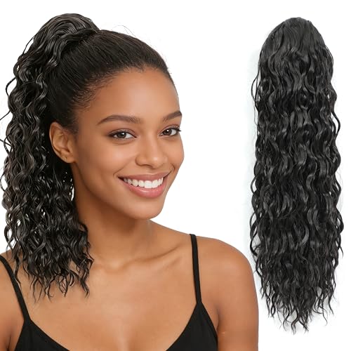 16 Inch Dark Brown Water Wave Drawstring Ponytail Extension for Black Women - Easy to Install, Natural Look