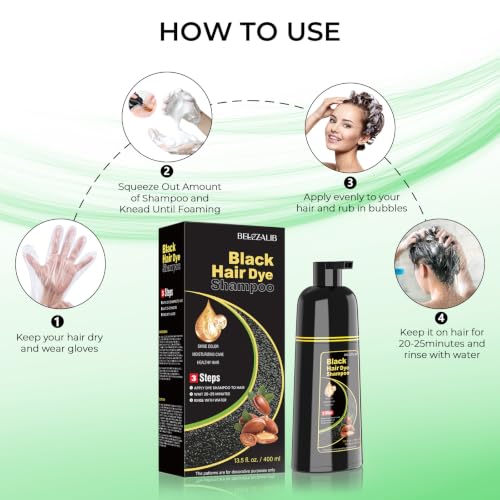 BELEZALIB Black Hair Dye Shampoo 3-in-1 for Women & Men - Gray Coverage