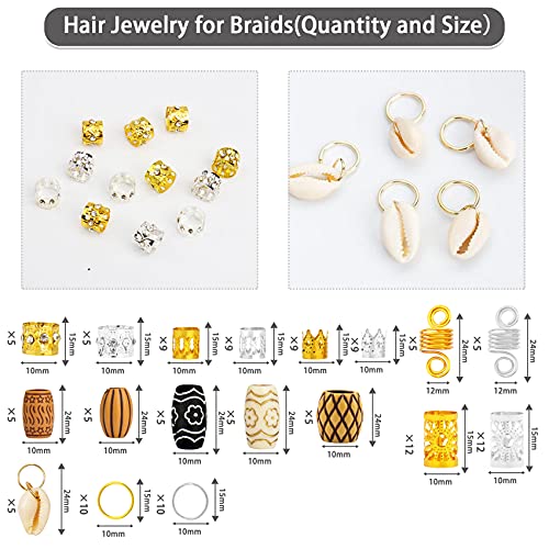 Jelyne 133 Pcs Hair Jewelry Set for Braids – Gold & Silver Locs Cuffs, Beads & Shell Charms