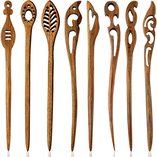 8 Pcs Handmade Sandalwood Hair Sticks - Vintage Chinese Style Hairpins