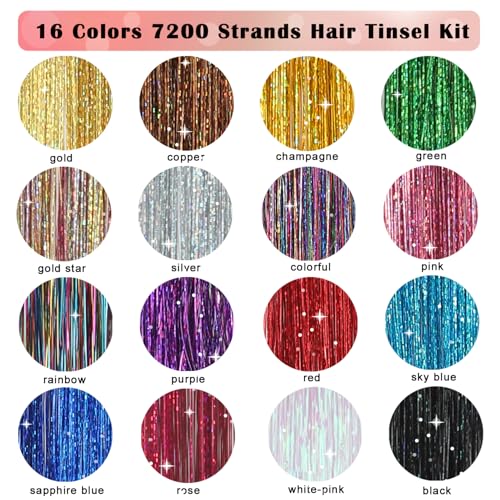 Hair Tinsel Kit - 16 Colors, 7600 Strands, 48 Inches Glitter Extensions