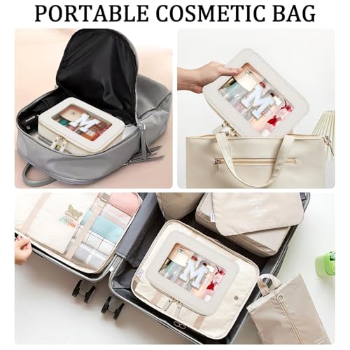 Personalized Beige Makeup Bag for Women - Compact Travel Toiletry Case