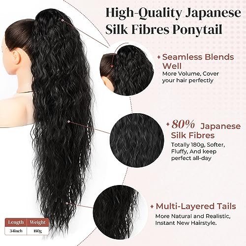 LONAI 34" Black Wavy Drawstring Ponytail Extension - Natural Look