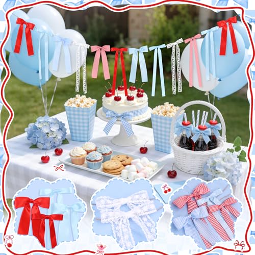 Cherry Gingham Bow Garland with Lace Accents - Party Decoration