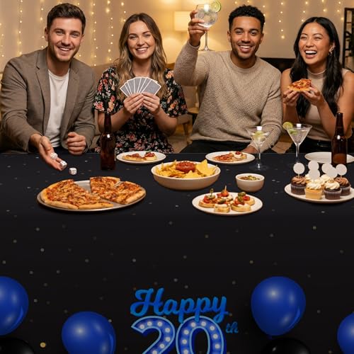 Happy 20th Birthday Tablecloth - Blue & Black Glitter Design, 53x108 inches
