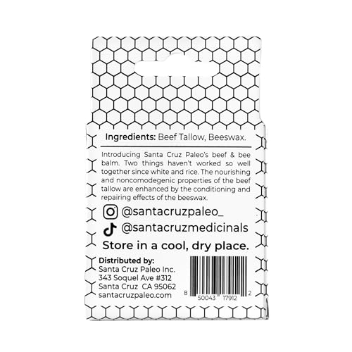 Santa Cruz Paleo Unflavored Beef Tallow & Beeswax Lip Balm - 1 Pack, Hypoallergenic Moisturizer for Sensitive Skin
