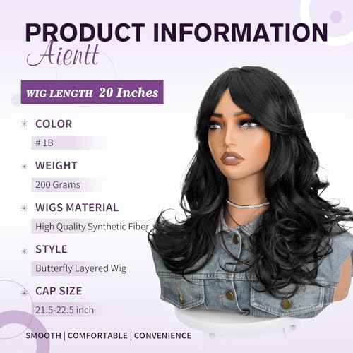 Black Wavy Layered Wig with Curtain Bangs - 20 Inch Synthetic Cosplay Hair