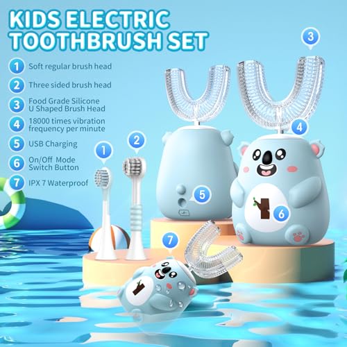 Kids Electric Toothbrush - U-Shaped Sonic Cleaning, 6 Modes, 4 Heads, Cute Koala Design (2-6 Age, Grey Blue)