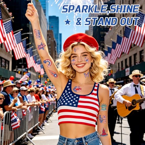 108 Pcs Glitter Patriotic Temporary Tattoos for 4th of July & Kids Adults