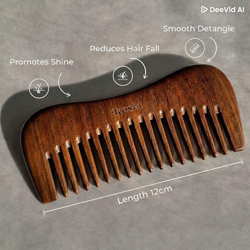 Resèt Natural Sandalwood Wooden Comb - Wide Tooth Hair Detangler & Massage Brush, Eco-Friendly & Anti-Static, Travel Size