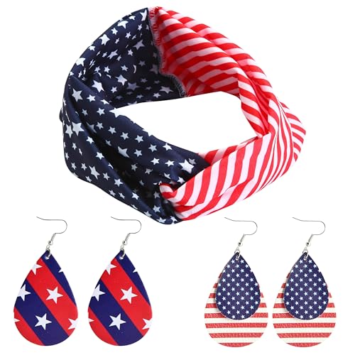 JOYIN Patriotic US Flag Headband & 4 Leather Earrings 4th of July Party Accessories
