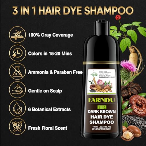 Dark Brown Hair Dye Shampoo 3-in-1 for Gray Coverage - 15 Min