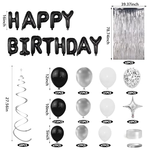 92 PCS Black & Silver Happy Birthday Balloon Decoration Set