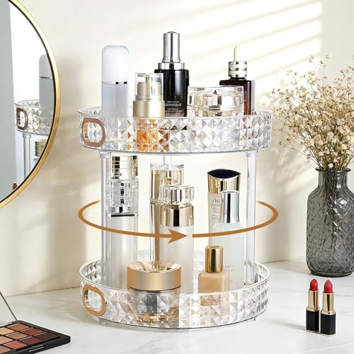 HsaExtriva 2-Tier 360 Rotating Perfume Organizer, Clear Diamond Vanity Tray
