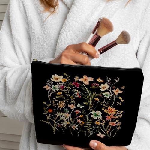 Supwhd Black Floral Small Makeup Bag - Waterproof Linen Cosmetic Pouch for Women & Girls