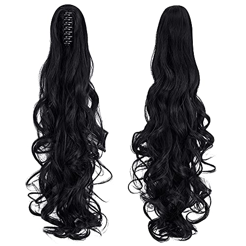 OMGREAT 24 Inch Dark Black Curly Ponytail Extension - Claw Clip