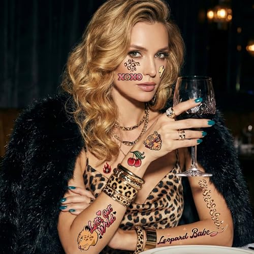 Cheetah Print Temporary Tattoos for Adults - Retro Cherry & Gold Foil