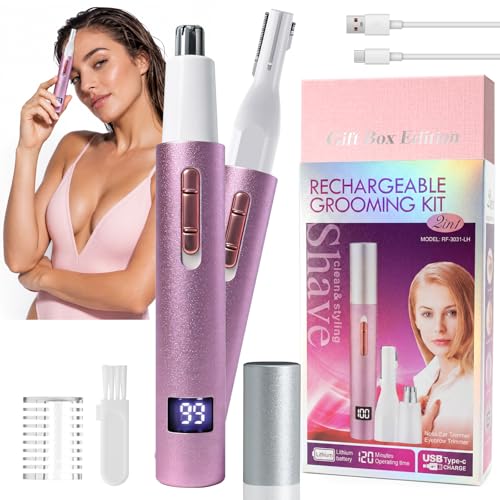 Nose & Ear Hair Trimmer for Women and Men, 2026 Painless USB Rechargeable Facial & Eyebrow Trimmer Clipper with LED Display for Easy Cleansing, Portable Grooming Kit,Gift Box Included (Purple)