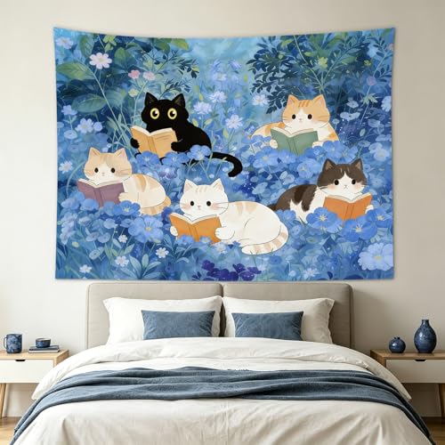 Blue Cat Garden Tapestry - 60x40 Inch Floral Wall Hanging