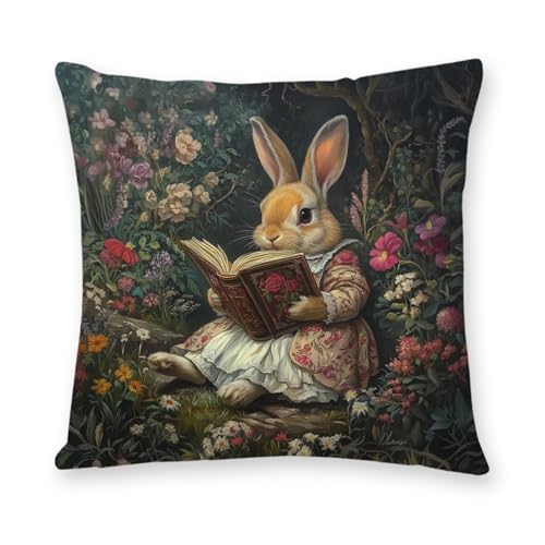 Vintage Floral Rabbit Throw Pillow Cover - 18x18 Inch Flannel Cushion Case