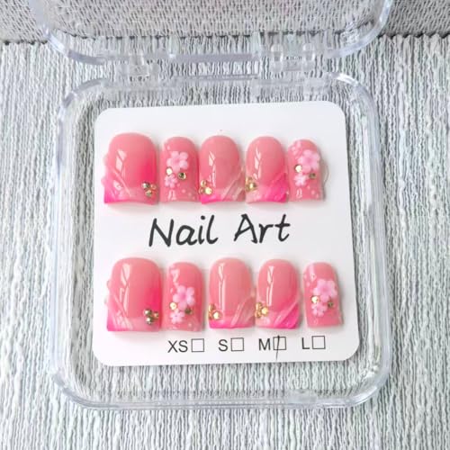 Meemooron Short Square Press on Nails - Pink French Tip with 3D Flower & Rhinestones