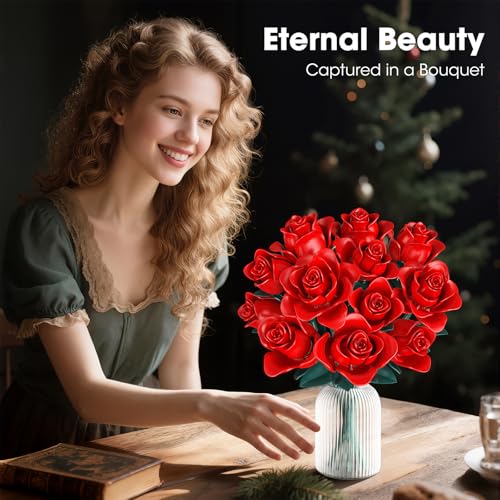 DIY Red Rose Flower Bouquet Building Set - 12 Adjustable Blooms