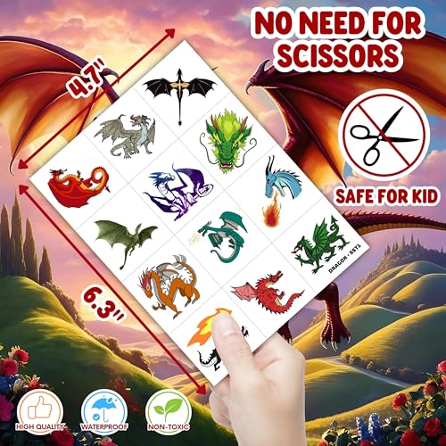 Pre-Cut Dragon Temporary Tattoos for Kids - 60 Pcs Party Favors