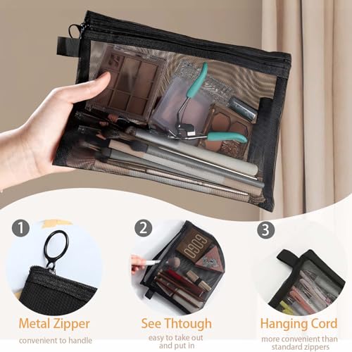 3-Piece Mesh Zipper Pouch Makeup Bag Set - Portable Organizers