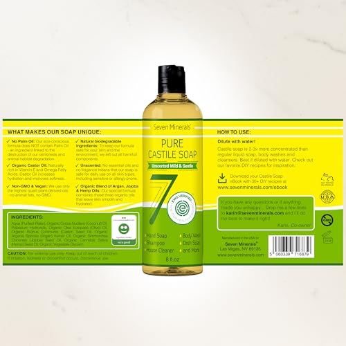 Seven Minerals Pure Castile Soap - Unscented, Vegan & Gentle for Sensitive Skin - 8 Fl Oz
