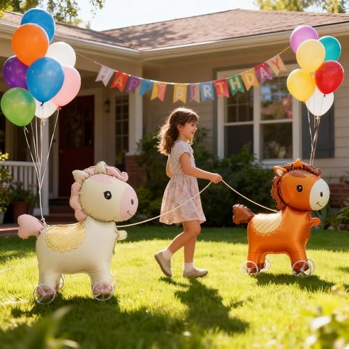 Walking Pony Foil Balloons - 2 Pack, Self-Standing Kids Party Decor