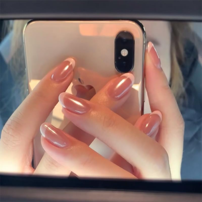 Cat Eye French Tip Press-On Nails - Nude & Pink Short Almond | Reusable Glue-On Nails with Gold Line for Weddings & Parties
