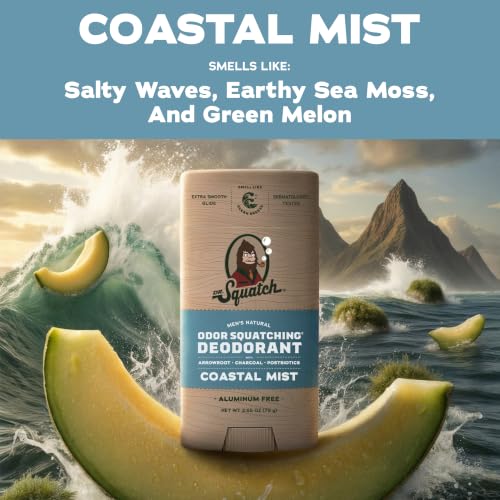 Dr. Squatch Coastal Mist Natural Deodorant - 2.65oz Stick, Aluminum-Free with Charcoal & Postbiotics