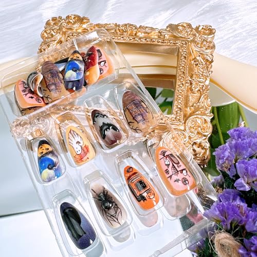30Pcs Halloween Press On Almond Nails with 3D Spider & Bat Designs