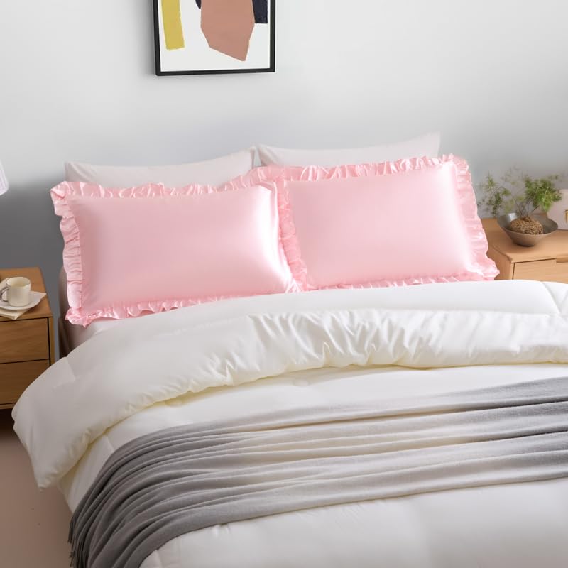 Pink Ruffle Satin Pillowcase Set of 2 - 20x30 Inches, Luxurious Comfort