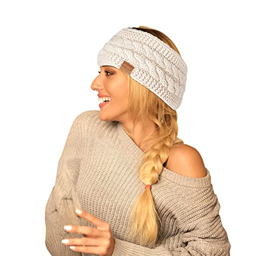 Winter Headbands for Women - Wool Ear Warmers (Black + Beige) - Thick & Fleece Lined