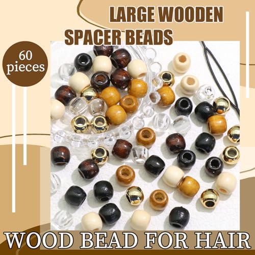 Wooden Hair Beads for Braids & Dreadlocks - 60 Pcs Hair Jewelry Kit