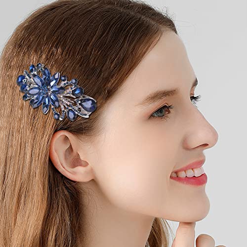 Dark Blue Flower Luxury Hairpin Rhinestone Hair Barrette Clip for Women