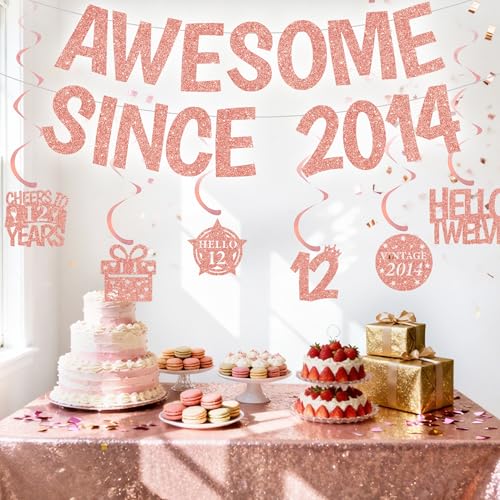 Rose Gold Glitter Birthday Banner Set for 12th Birthday Girls