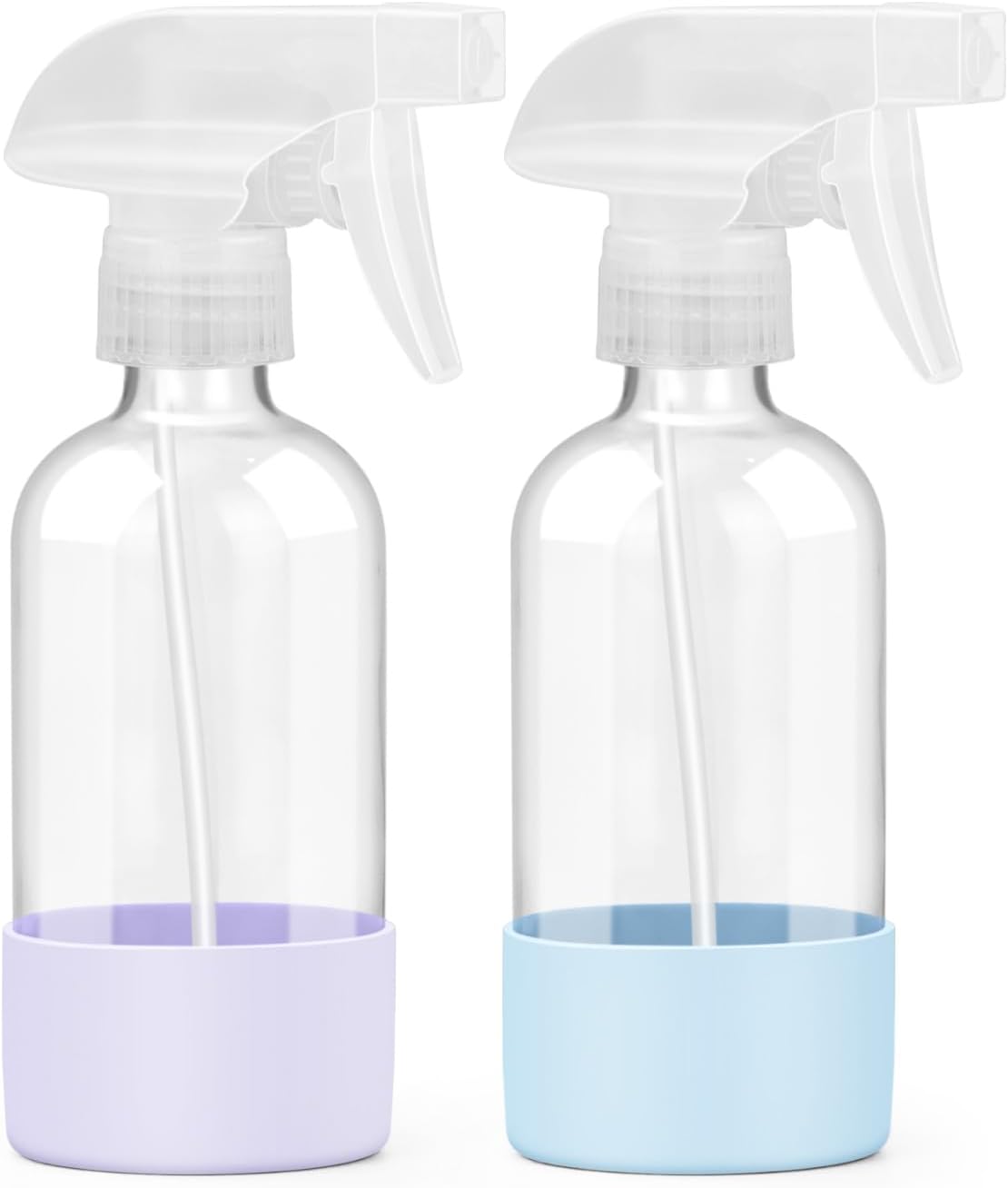 Glass Spray Bottles - 8 oz Refillable Containers with Silicone Sleeve Protection | Adjustable Nozzles in Blue & Grey