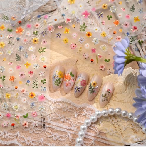 5D Embossed Dried Flower Nail Stickers - Daisy & Cherry Blossom Designs