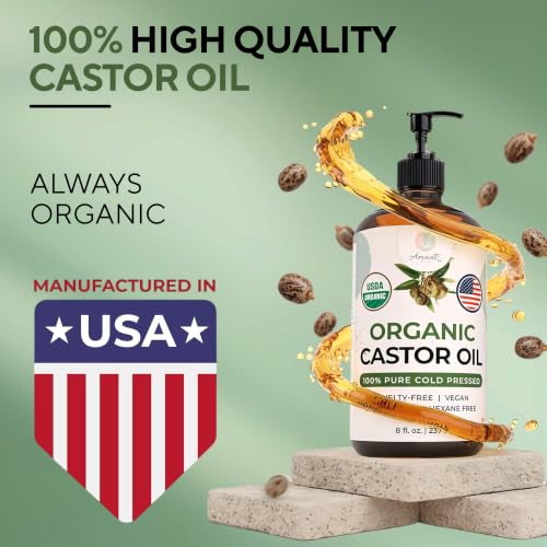 AMAAR USDA Organic Castor Oil - Cold Pressed, Unrefined, 8 oz