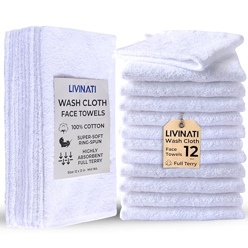 LIVINATI White Cotton Wash Cloths 12 Pack - 12"x12" Soft Bath Rags