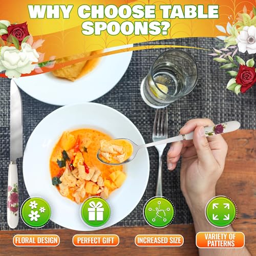 Ceramic Handle Stainless Steel Tablespoons Set of 6 - Floral Design